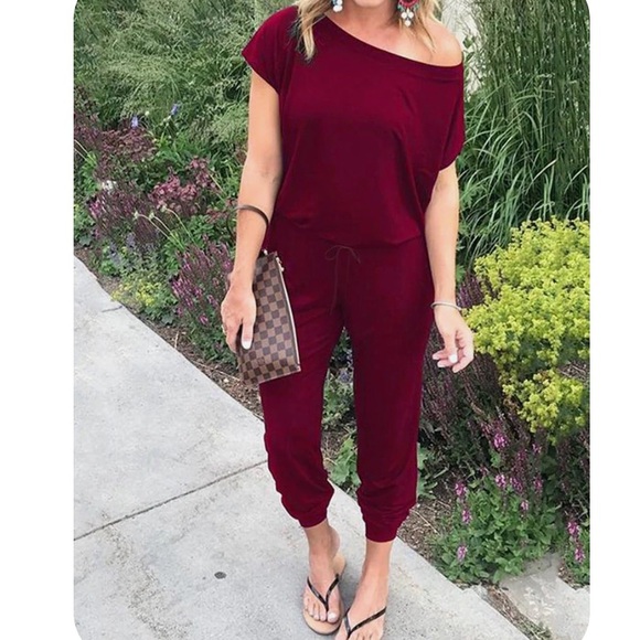 Pants - 1023. Elegant Slant Off-Shoulder Maroon Jumpsuit
